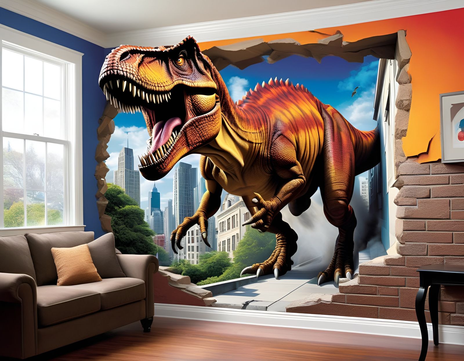 Giant T-Rex Breaks Through City Wall Illusion