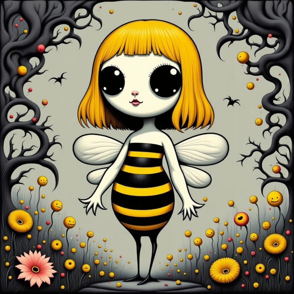 Surreal Bee Goddess in Dark Whimsy Pixel Art Style