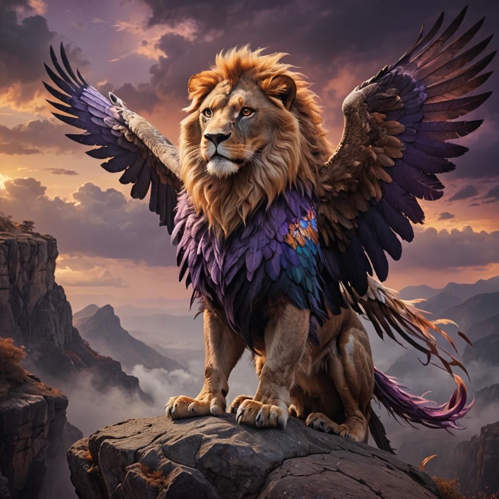Majestic Lion-Eagle Hybrid on Cliff in Epic Fantasy