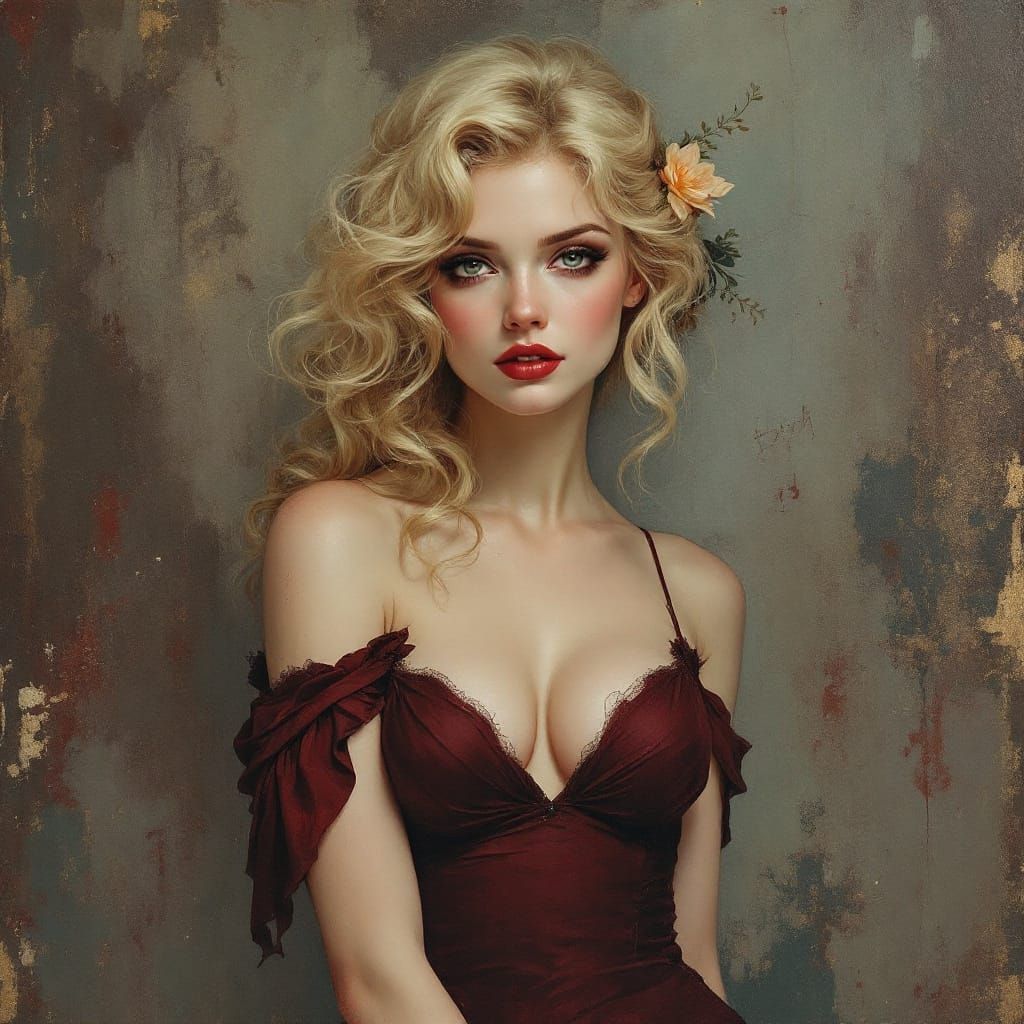 Blond Pin Up Woman in Maroon Dress, Tonalist Oil Painting