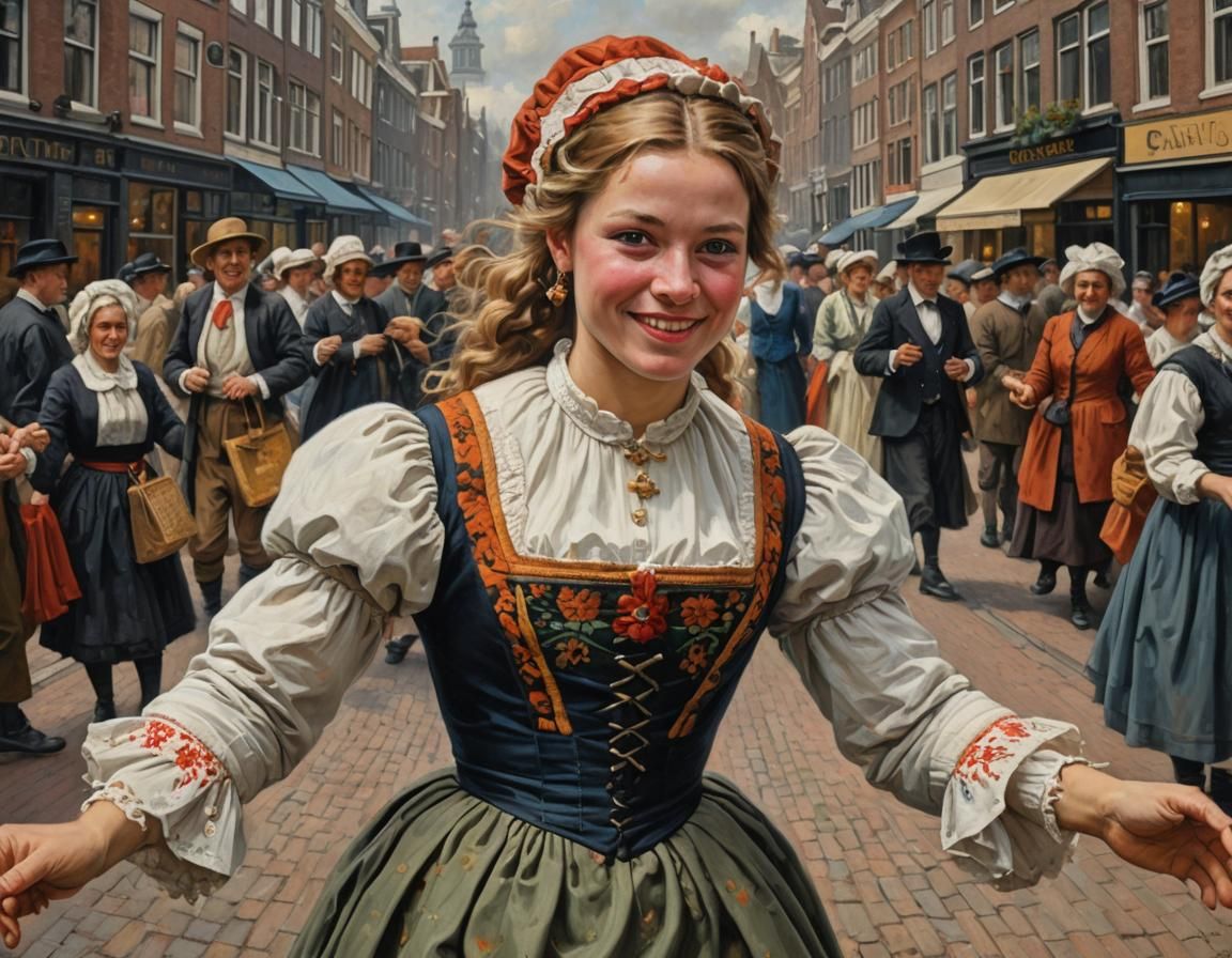 Dancing Dutch Girl Portrait in Amsterdam, Oil Painting