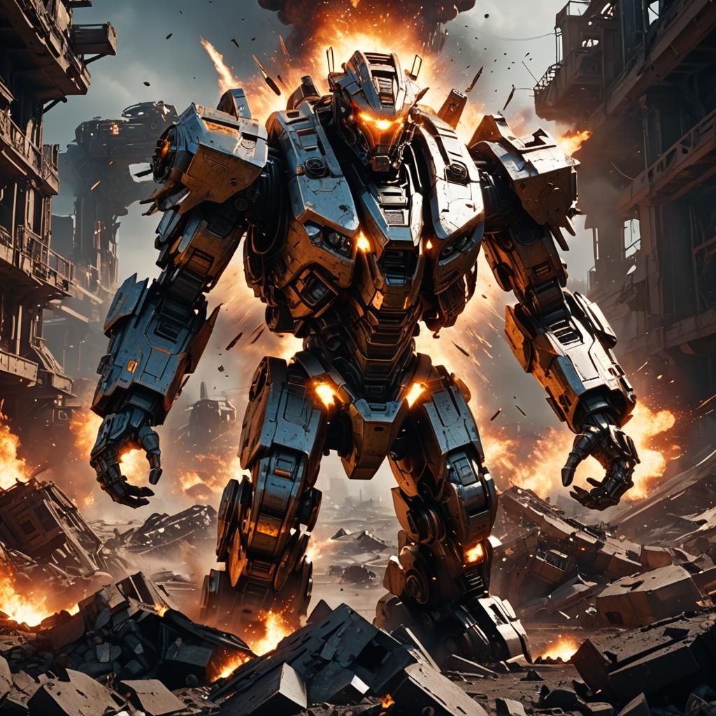 Fiery Mech Explosion in Sci-Fi Landscape