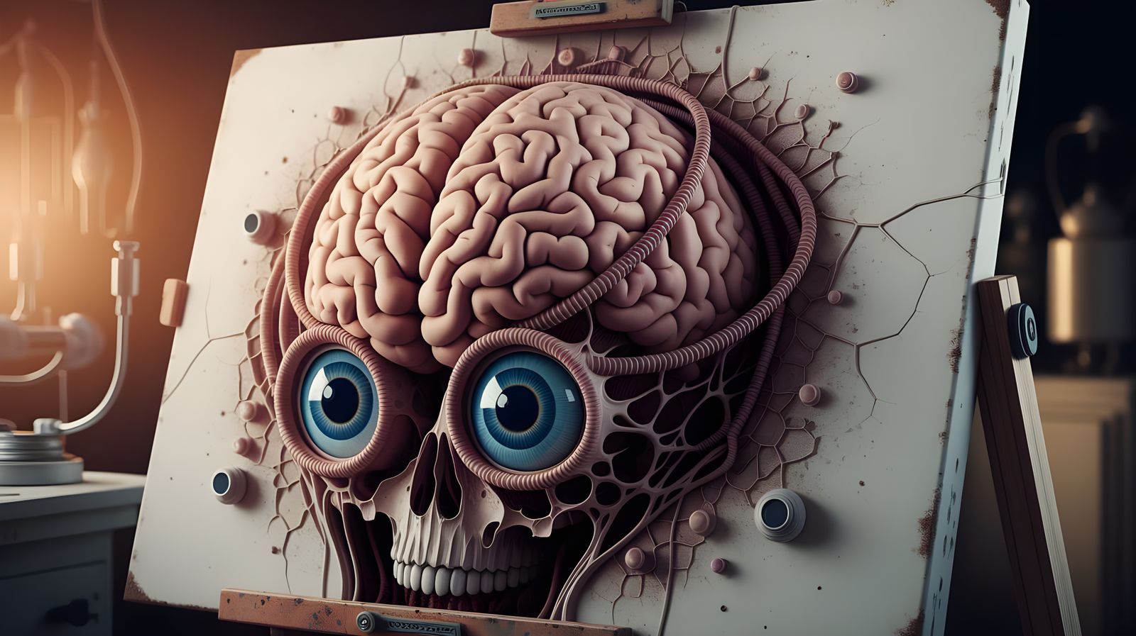 Dissected Brain and Eyeballs on Canvas: Technical Drawing