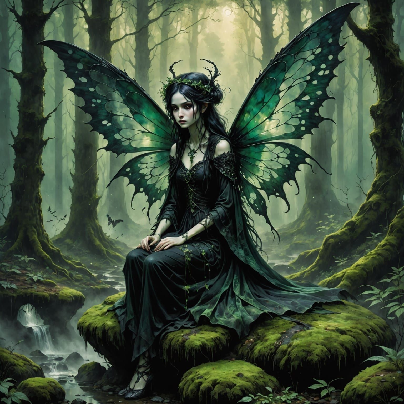 Gothic Fairy in Misty Forest Clearing
