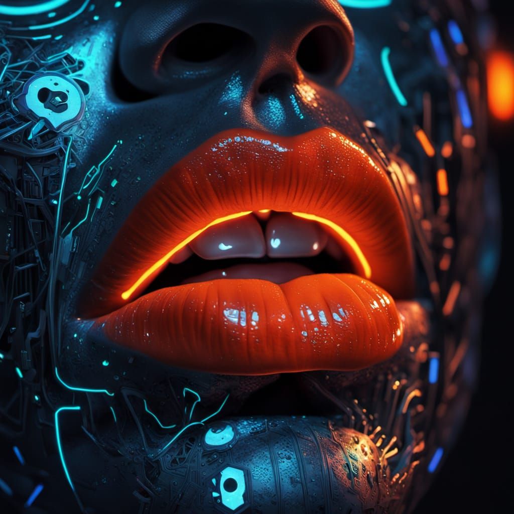 Cyberpunk Mouth with Neon Reflections