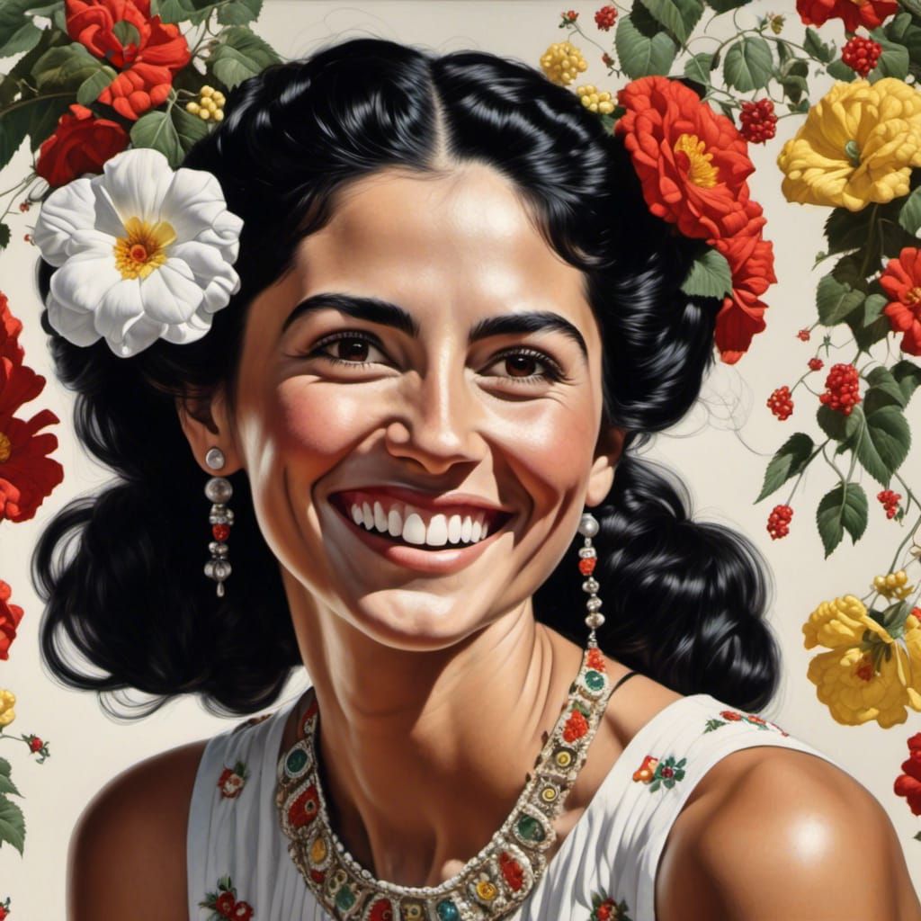 Detailed Portrait of Smiling Mexican Woman in Oil Paint