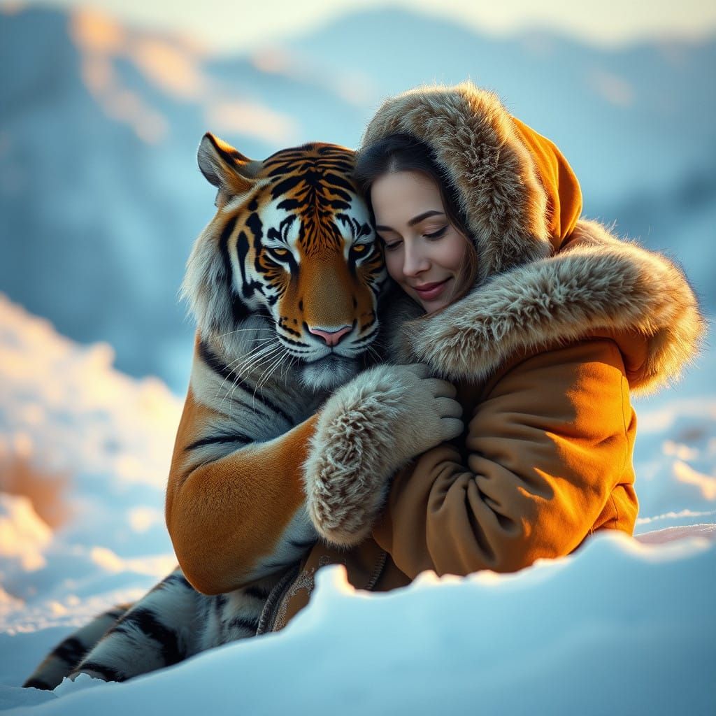 Siberian Tiger Embraces Woman in Snowy Landscape, Cinematic....