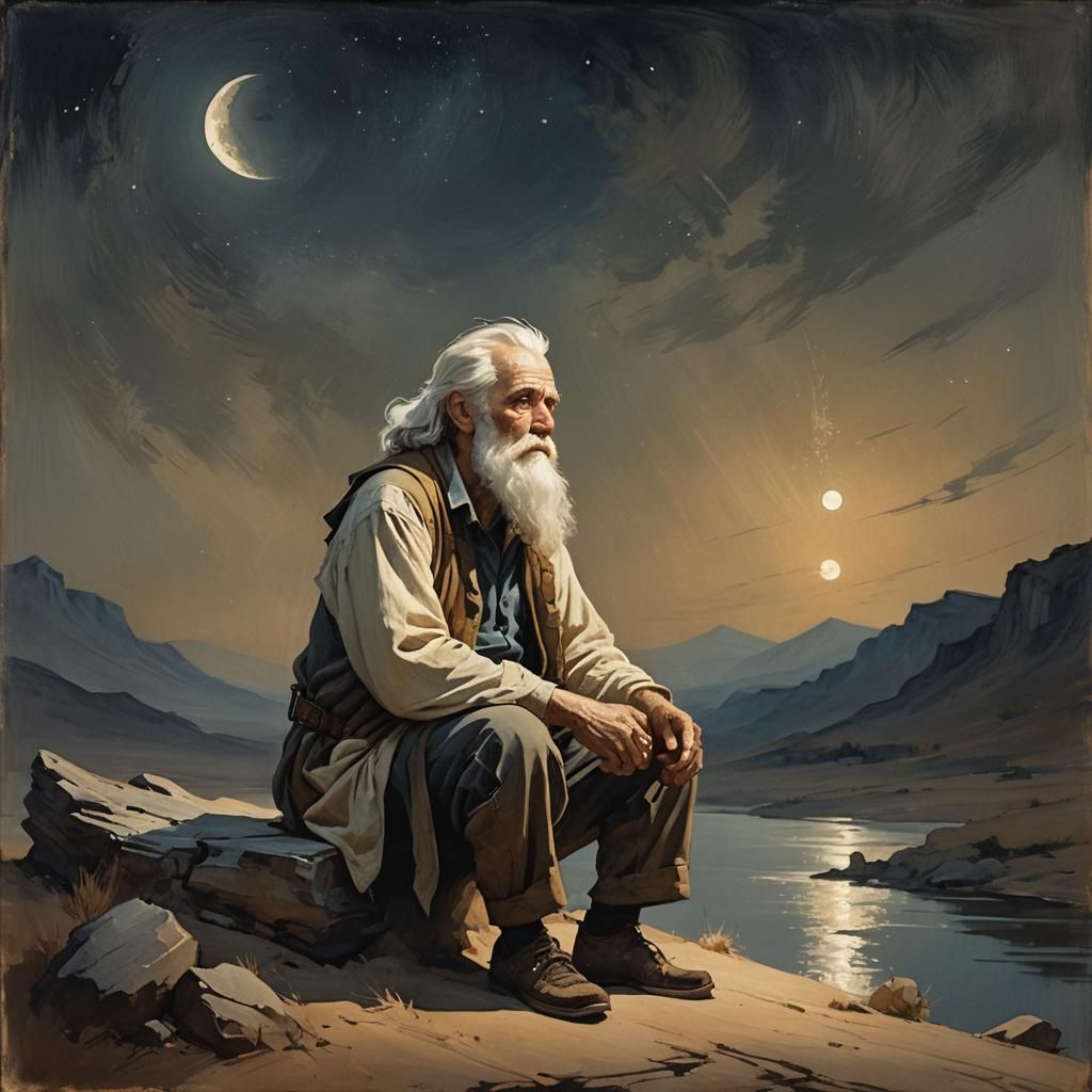 Old Man in Moonlight: An Oil Painting Masterpiece