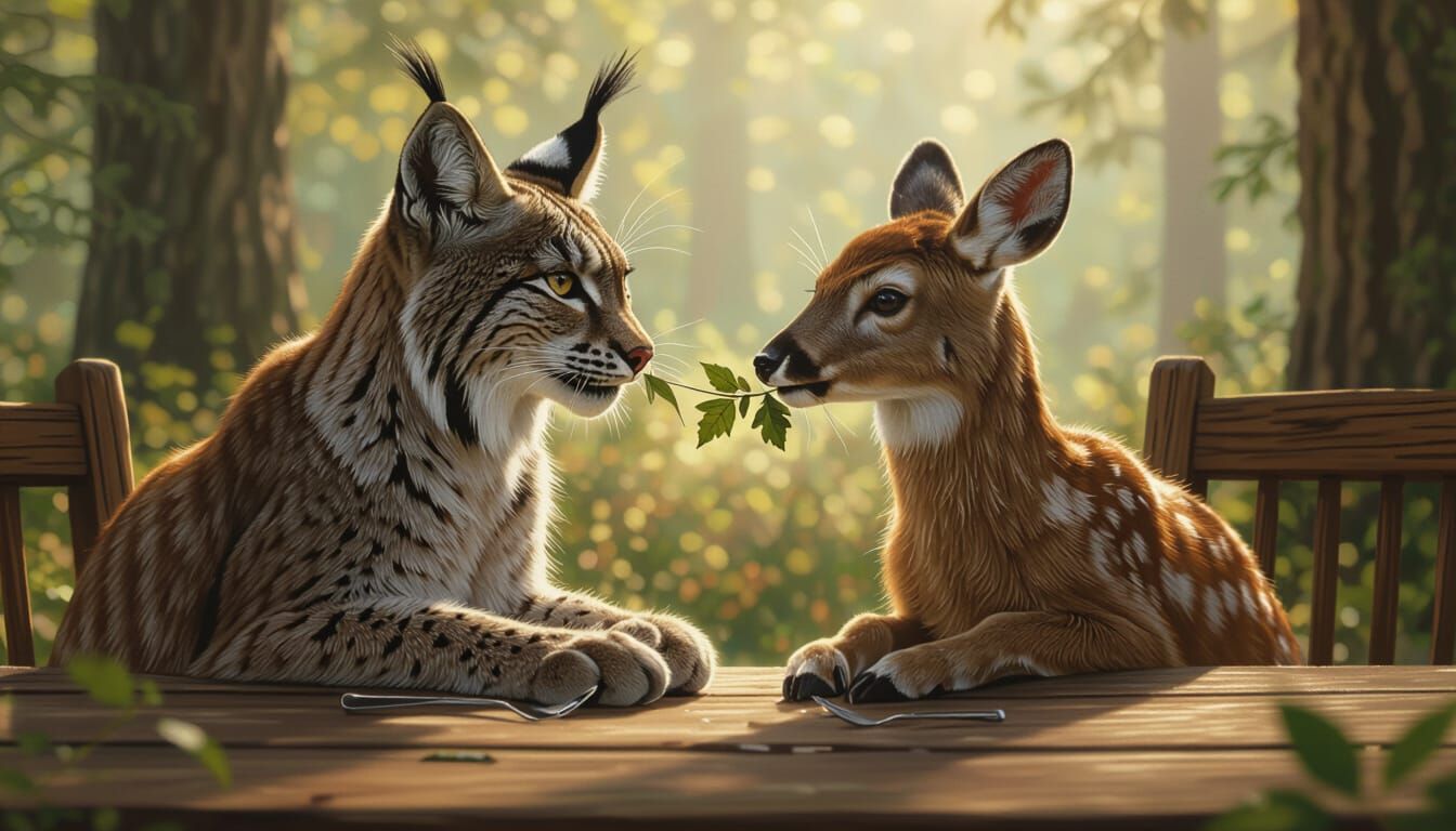 Lynx and Fawn Share Tender Moment in Forest Clearing