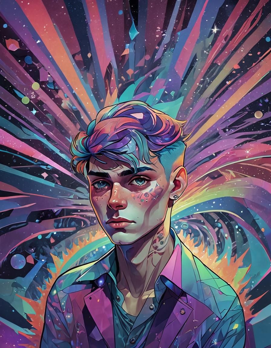 Ethereal, Low-Poly Art Deco Figure in a Swirling Starlight B...