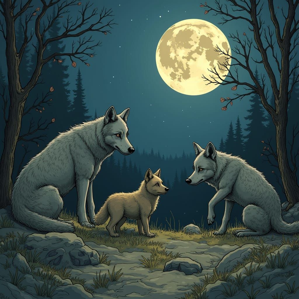 Wolves Guarding Cubs Under Moon: Whimsical Digital Art