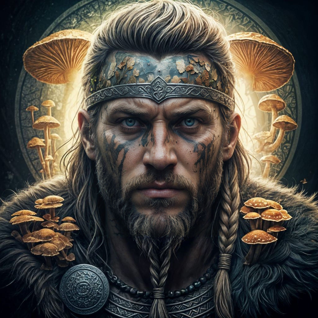 Viking Warrior Amidst Ancient Fungal Landscape in Hyperreali...