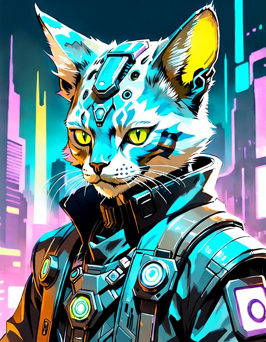 Cyberpunk Tabaxi Mage Portrait in Gritty Style