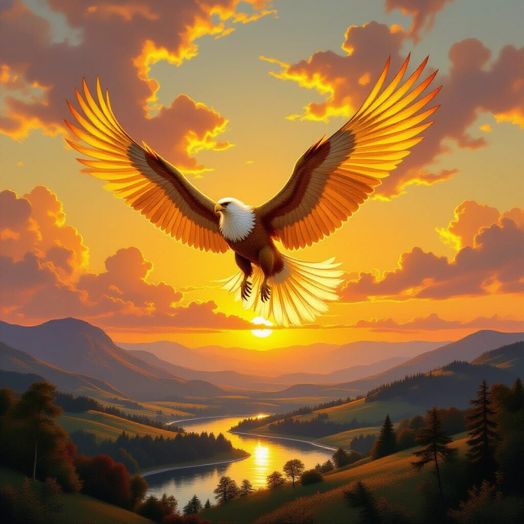 Griffin Soars Through Sunset Sky in Romantic Style
