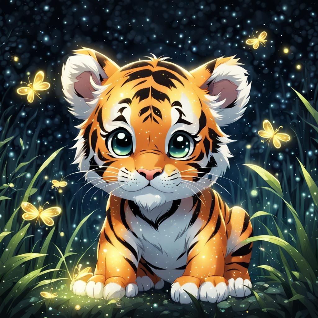 Cute Tiger Cub with Fireflies: Anime-Style Art