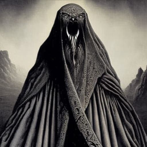 Intense Red-Eyed Figure in Engraving Style