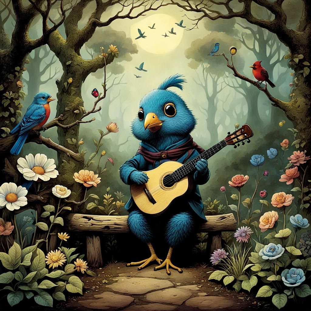 Boy Plays Cello in Garden, Whimsical Illustration