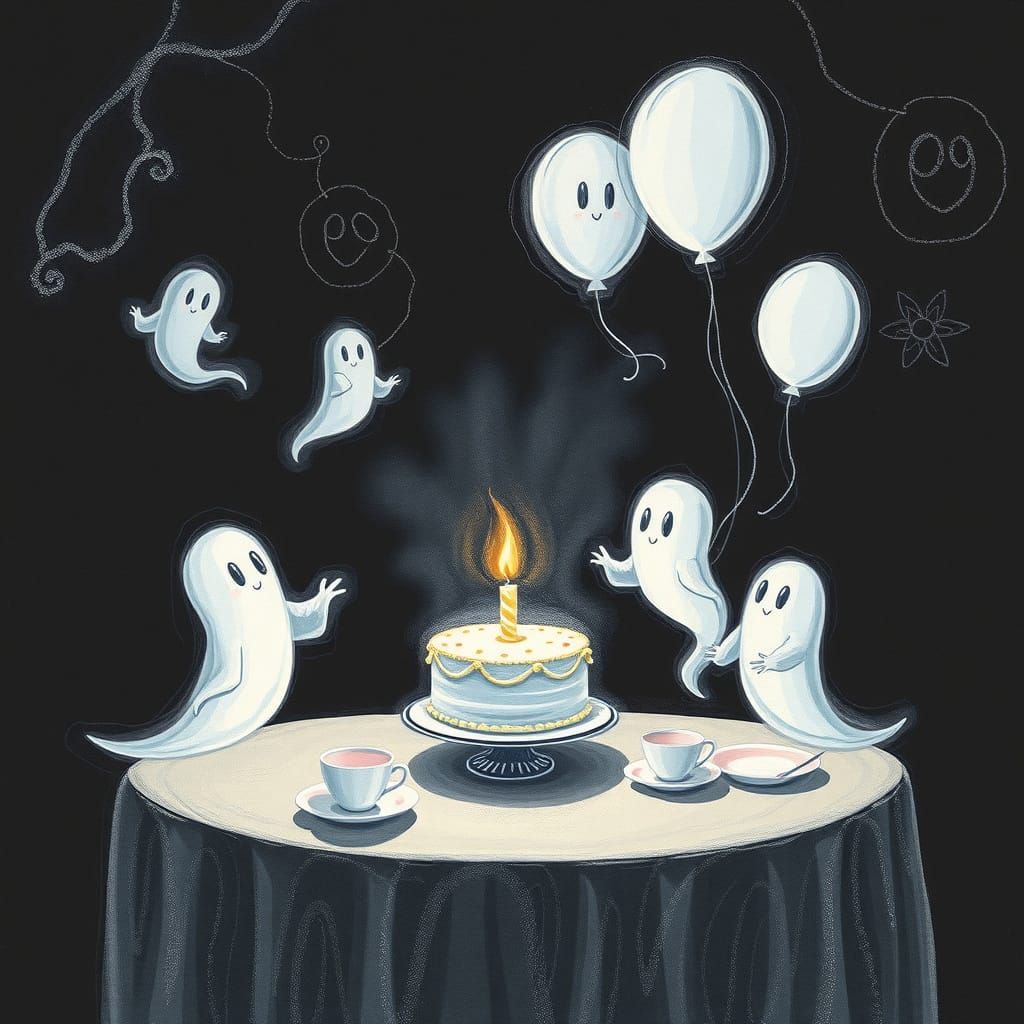 Ghostly Birthday Party in Attic Chalk Drawing