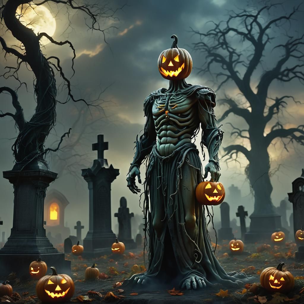 Haunted Humanoid Pumpkin in Cemetery: Digital Matte Painting