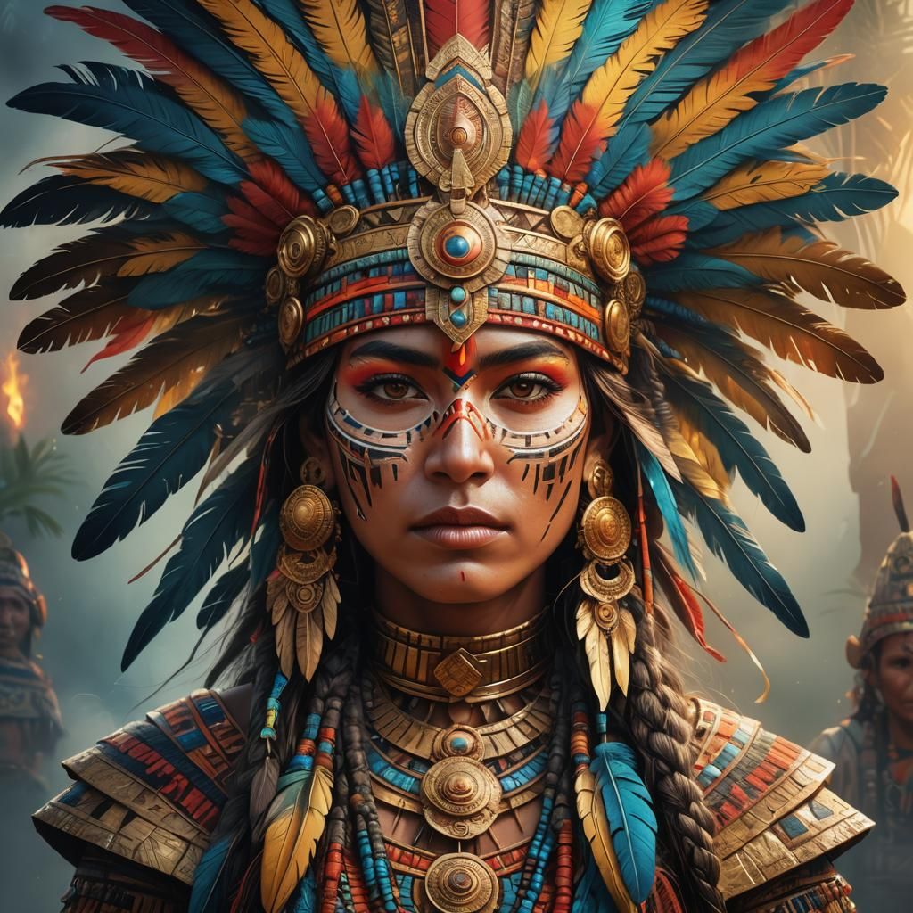 Inca Inspired Woman Portrait with Feathered Cap