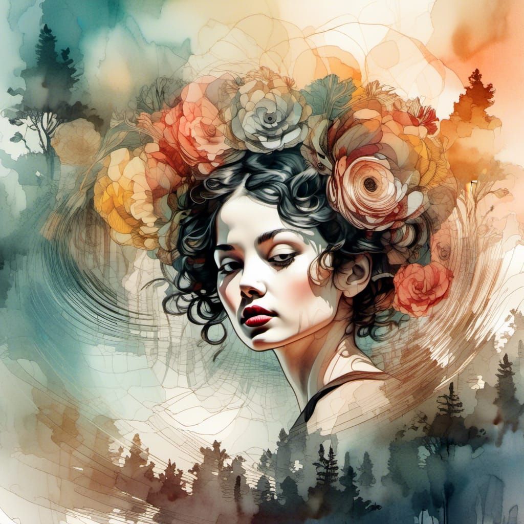 Betty Boop Double Exposure Digital Watercolor Sunset