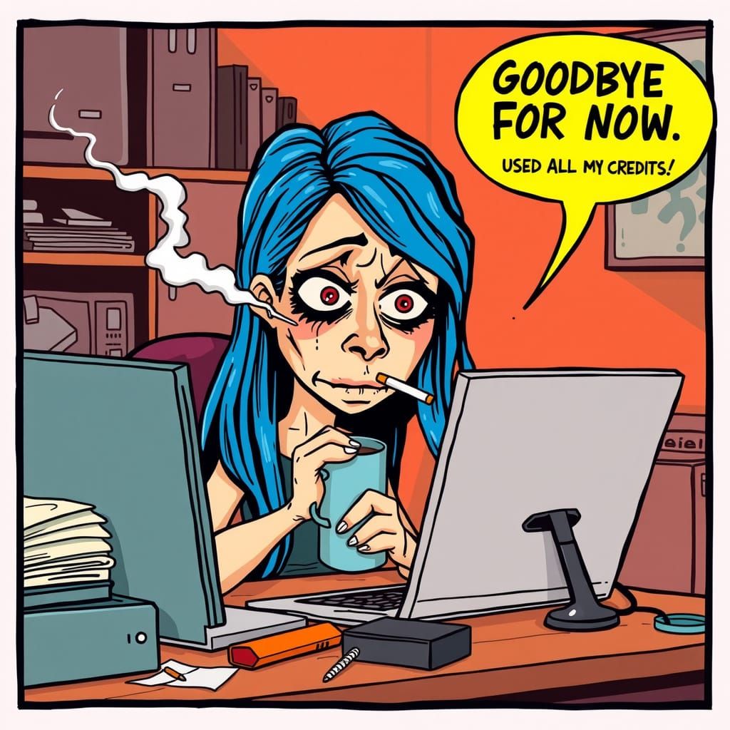 Electric Blue Haired Woman in Despair, Surrounded by Digital...