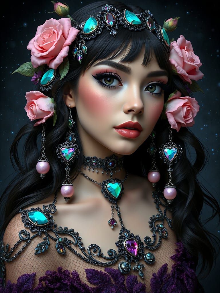 "A close-up portrait of a captivating fantasy woman with lon...