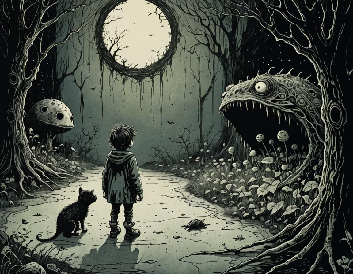 Eerie Line Art: Creature Emerges from Child's Drawing