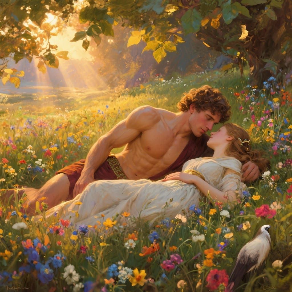 Ancient Greek Hero Theseus and Perigrune in Meadow