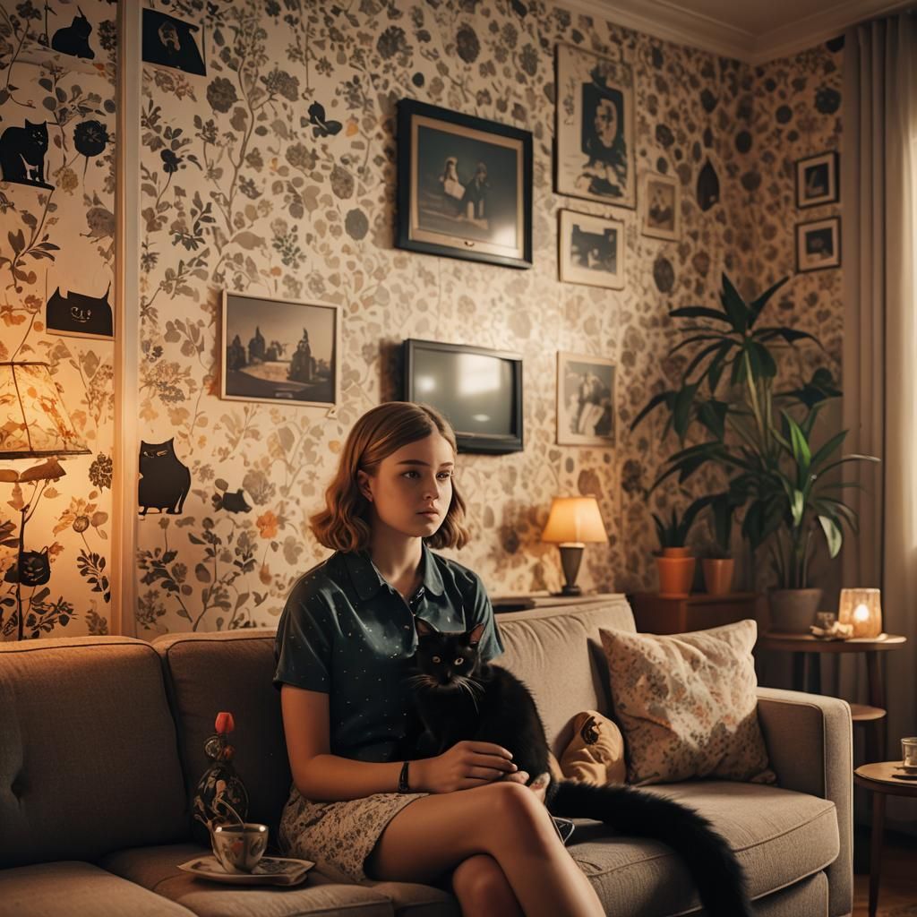 Nostalgic 90s Home Interior with Girl and Cat