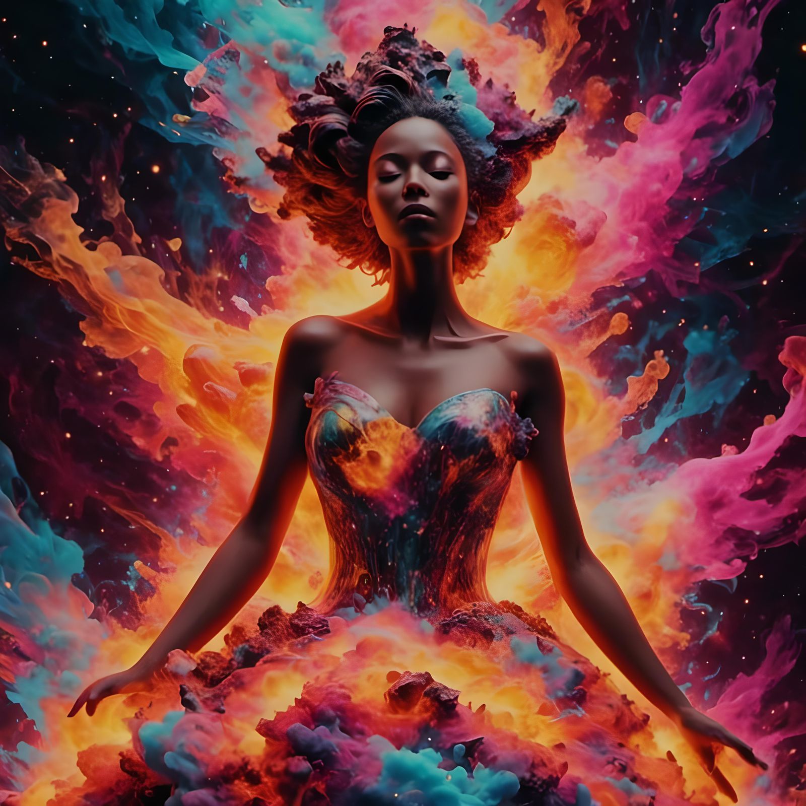 Fiery Woman in Explosive Cosmic Colors