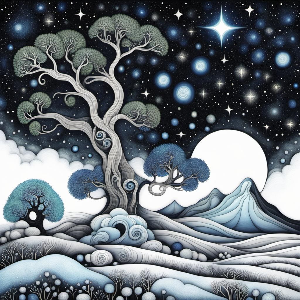 Moonlit Starry Night in Liquid Ink, Art Brut Style