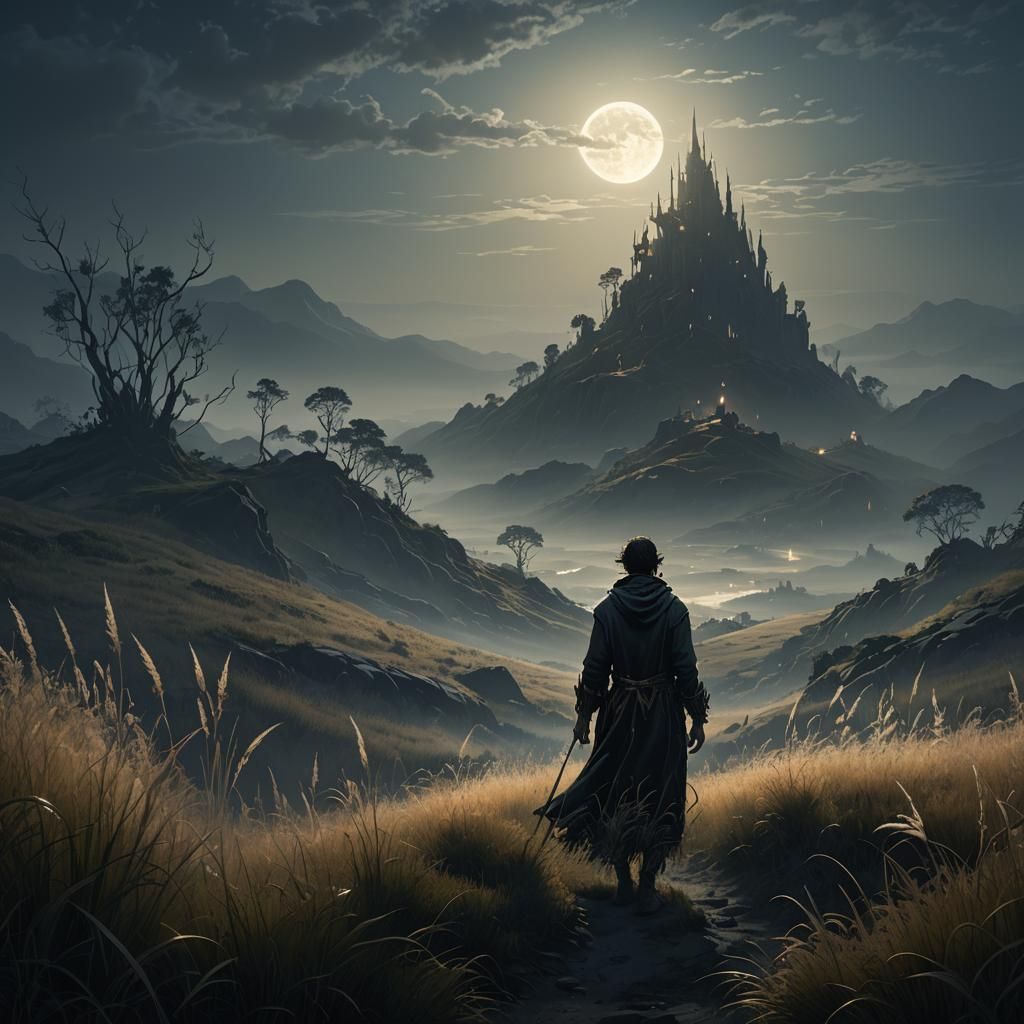 Ethereal Figure Amidst Misty Grasses in Dark Fantasy Art