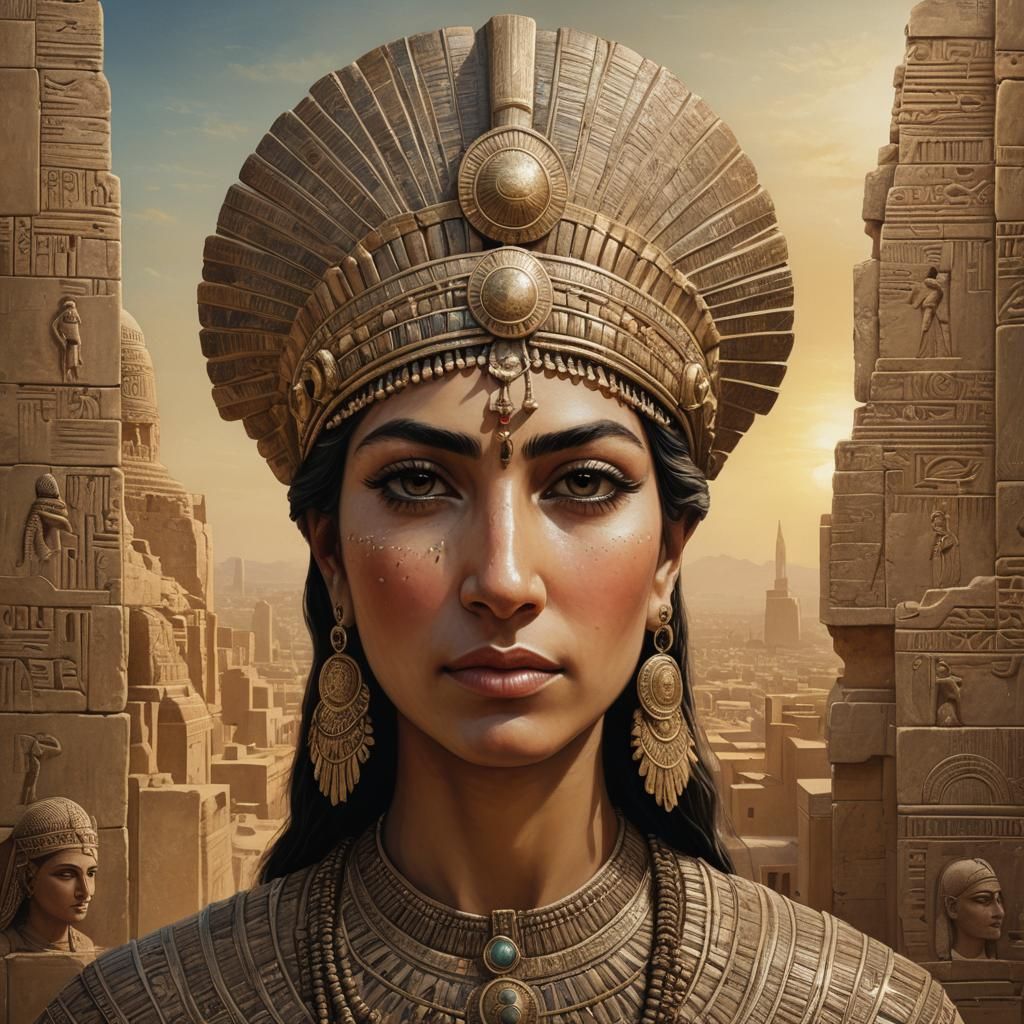 Sumerian Queen Tashlultum in Golden Headdress and Royal Atti...