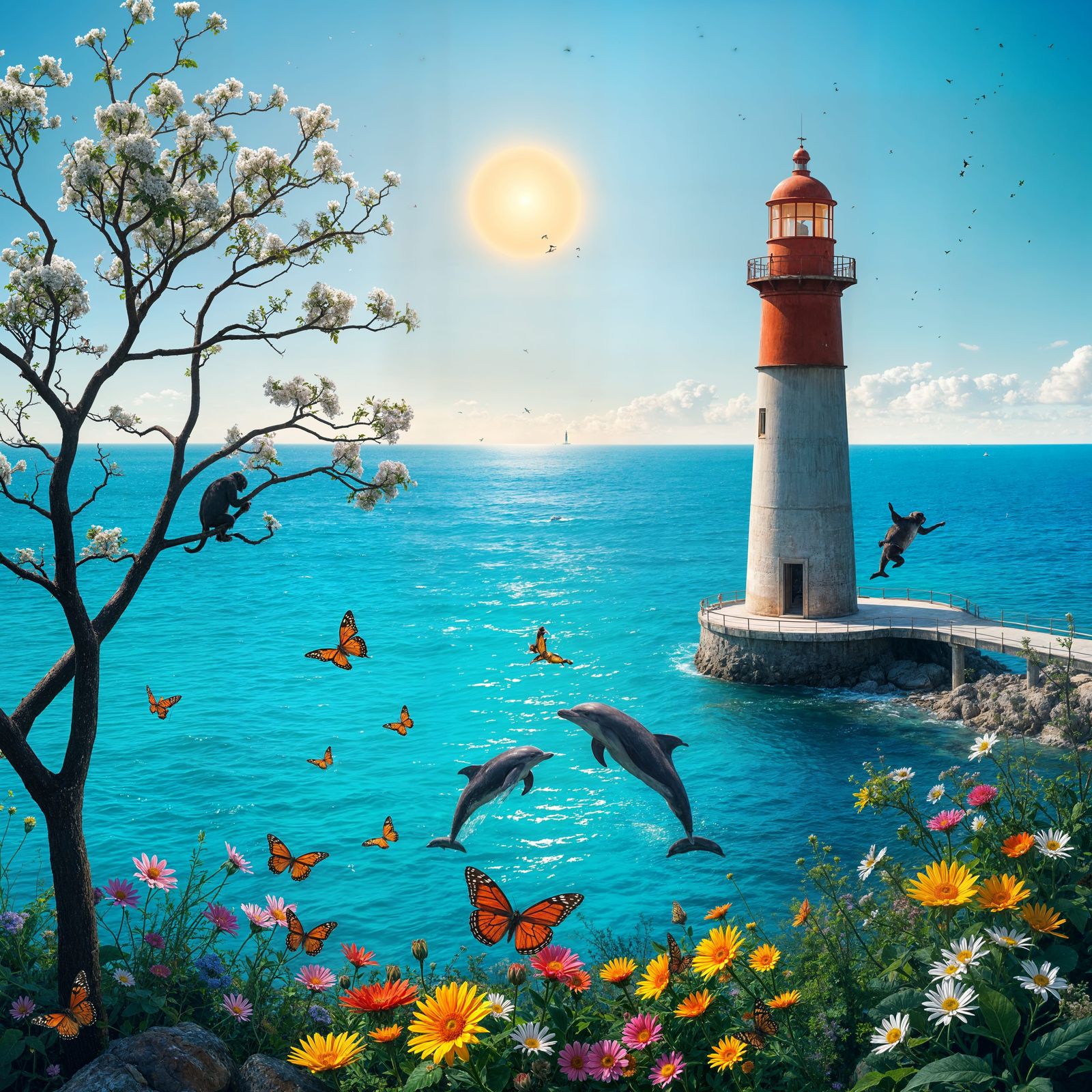 Surreal Coastal Scene with Rustic Lighthouse and Vibrant Flo...