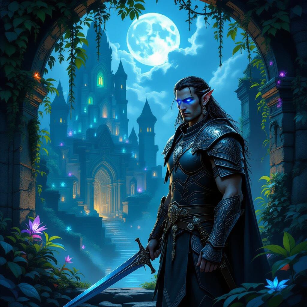 Elf Warrior Guards Lost City Under Ethereal Moonlight