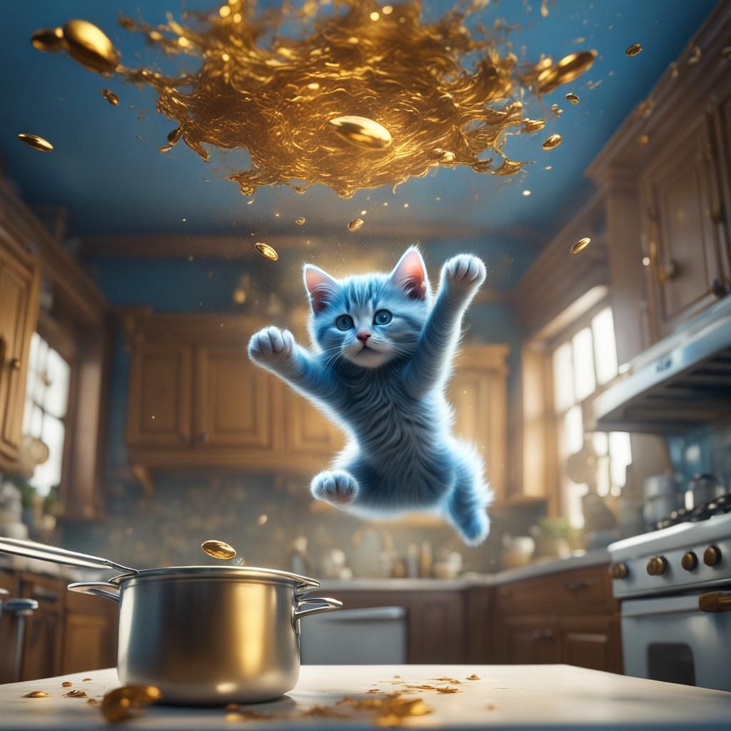 Anti-Gravity Blue Kitten Frolics in Kitchen