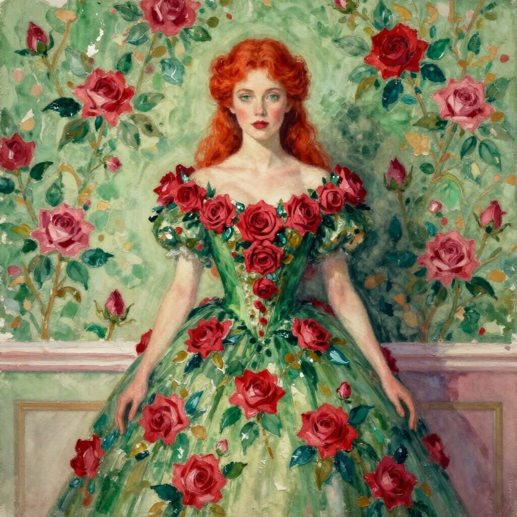 Woman in Rose Gown Poses Amidst Rose Wallpaper in Watercolor...