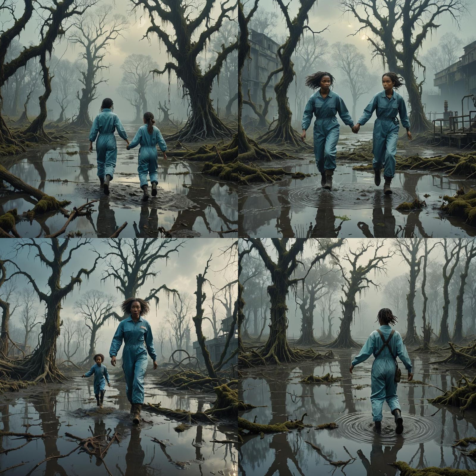 Woman in Flooded Industrial Swamp: Digital Matte Painting