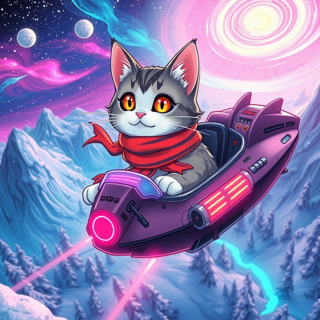 Cosmic Cat Pilot in Winter Landscape, Ghibli Style