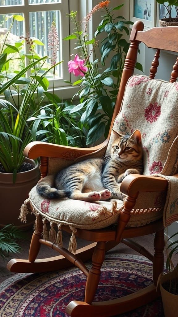 Cat Napping in Plant-Covered Rocking Chair