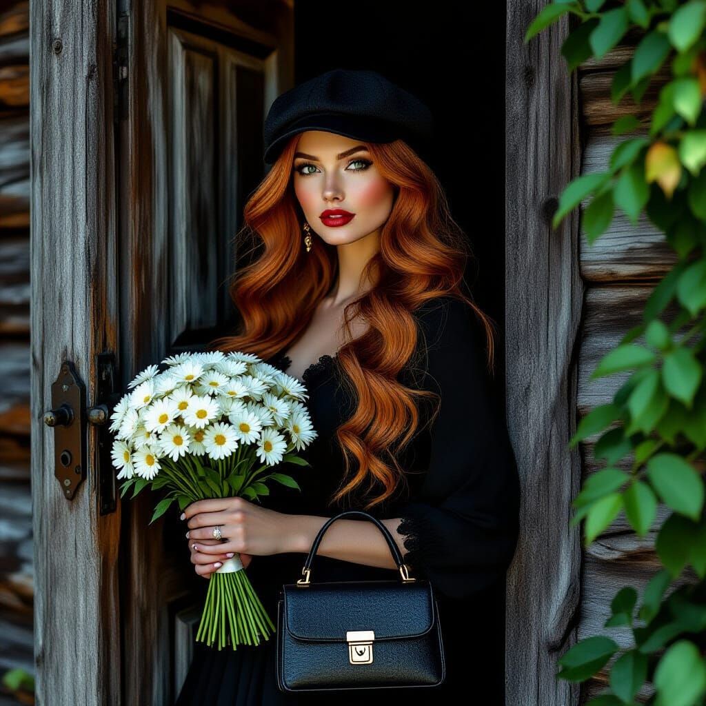 Elegant Woman with Daisies in Whimsical Style