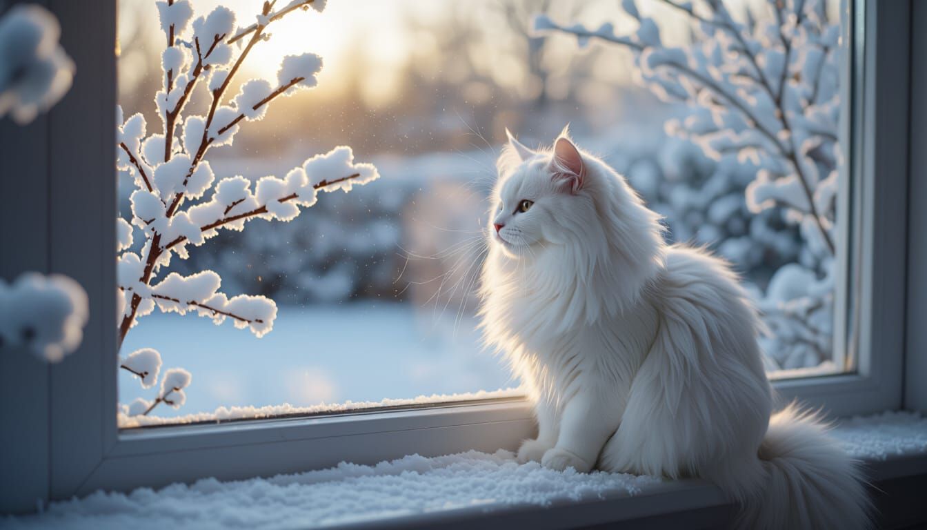 Fluffy Cat on Snowy Windowsill in Golden Hour Light