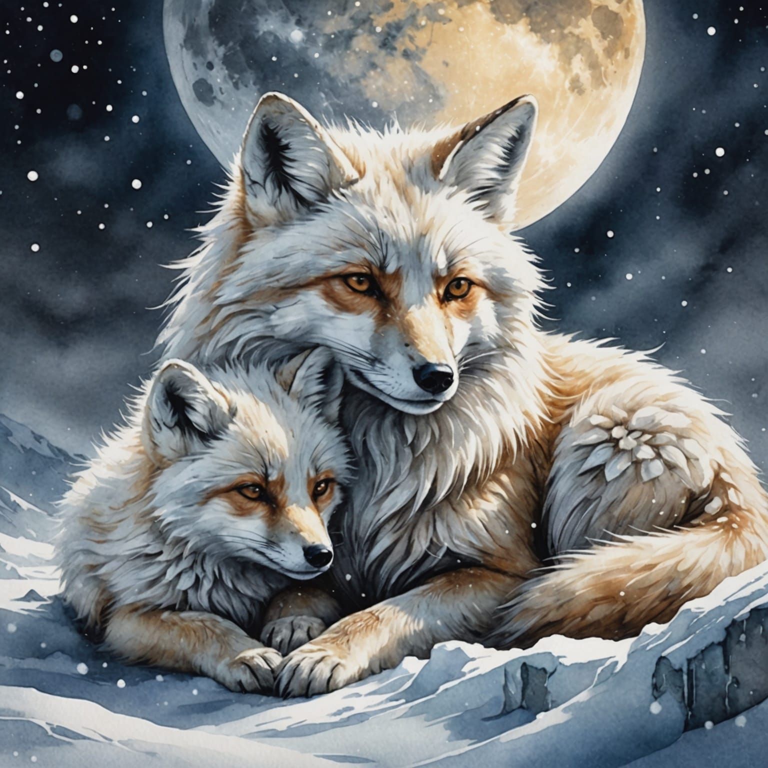 Mother Polar Fox Protecting Cub in Snowstorm