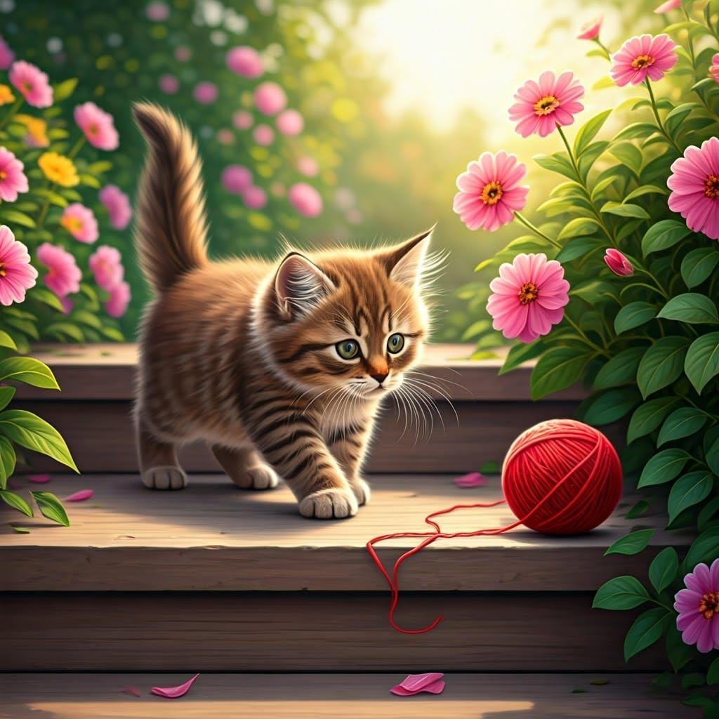 Kitten's Yarn Adventure: Impressionistic Veranda Scene