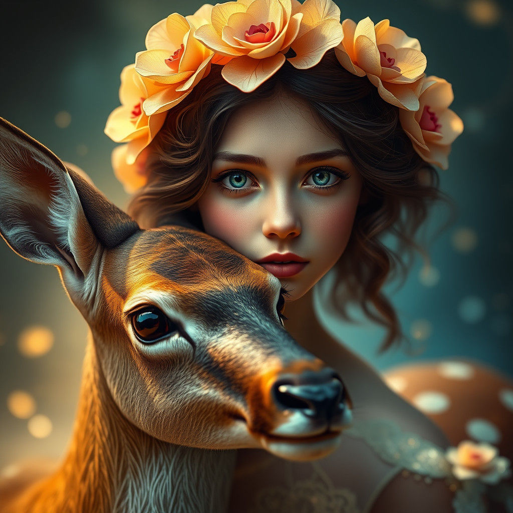 Mystical Flower Girl and Deer Portrait