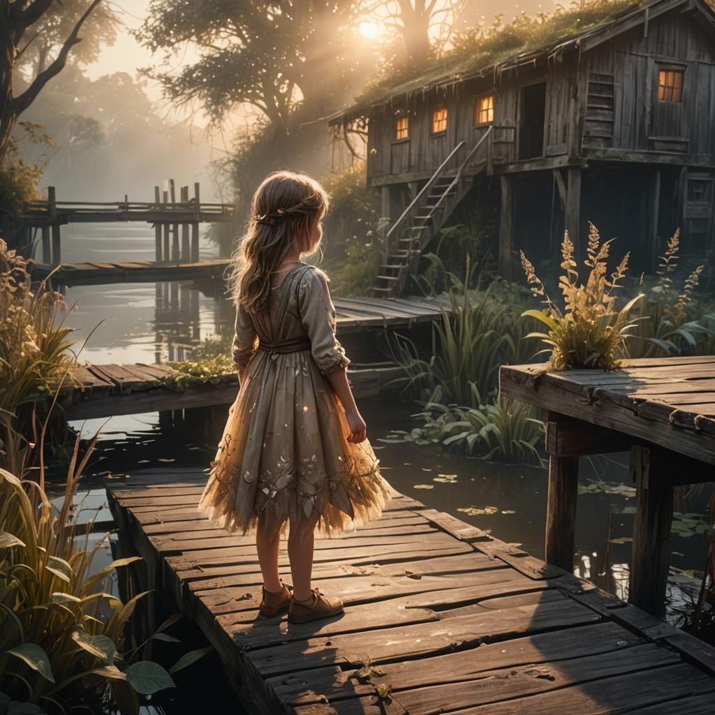 Enchanting Girl at Mystical Dock: Fantasy Concept Art