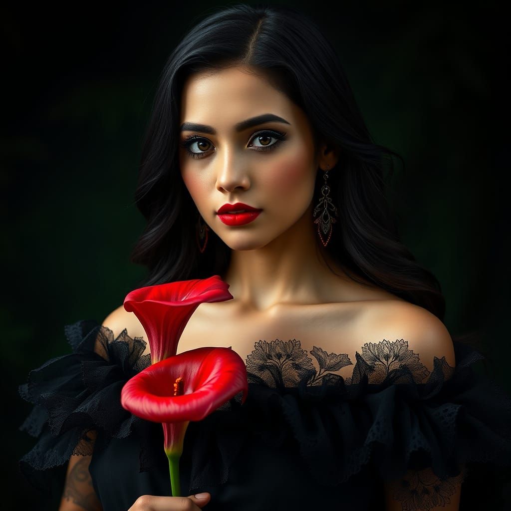 Hyper-Realistic Portrait of Elegant Woman with Black Hair an...