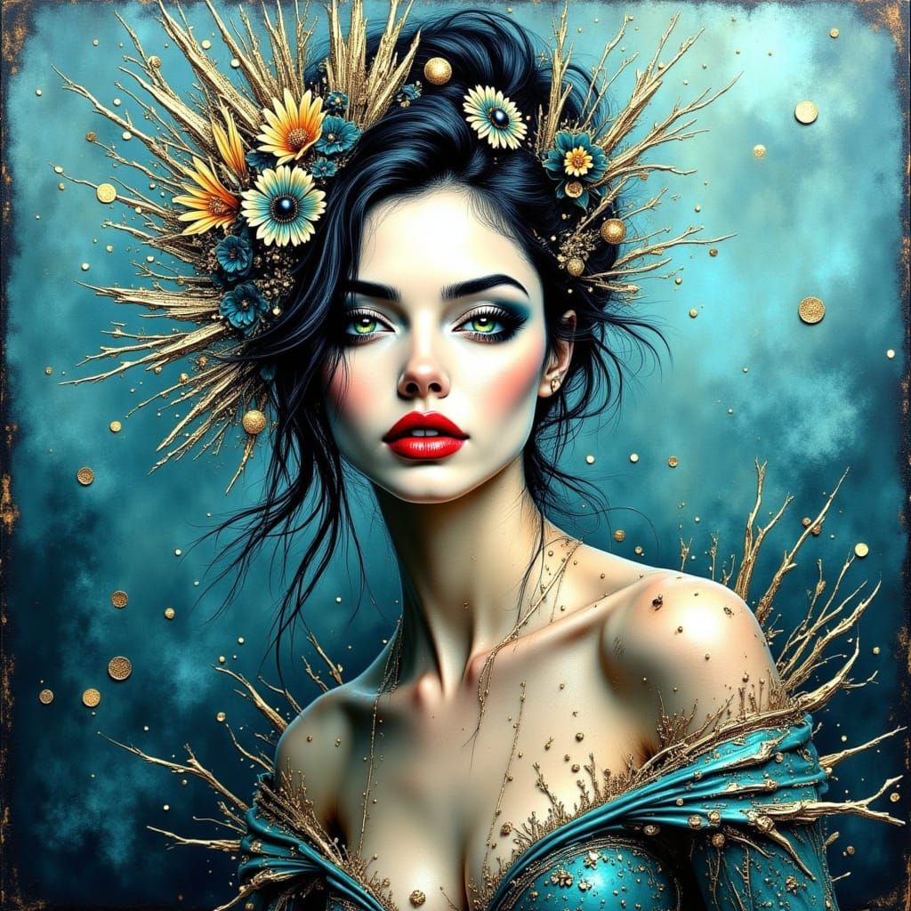 Gilded Ocean Goddess in Vibrant Hues