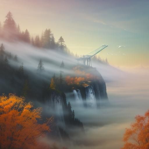 Crane Soaring Through a Misty Autumn Sky